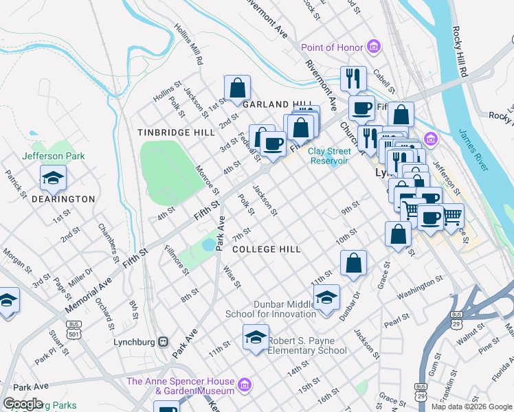 map of restaurants, bars, coffee shops, grocery stores, and more near 621 Jackson Street in Lynchburg