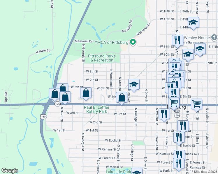 map of restaurants, bars, coffee shops, grocery stores, and more near 609 North Woodland Street in Pittsburg