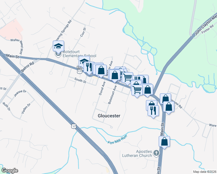 map of restaurants, bars, coffee shops, grocery stores, and more near 7302 Botetourt Avenue in Gloucester