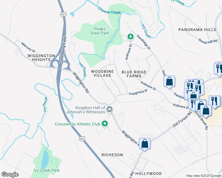 map of restaurants, bars, coffee shops, grocery stores, and more near 1404 Ashbourne Drive in Lynchburg