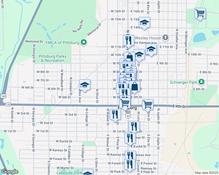 map of restaurants, bars, coffee shops, grocery stores, and more near 205 West 6th Street in Pittsburg