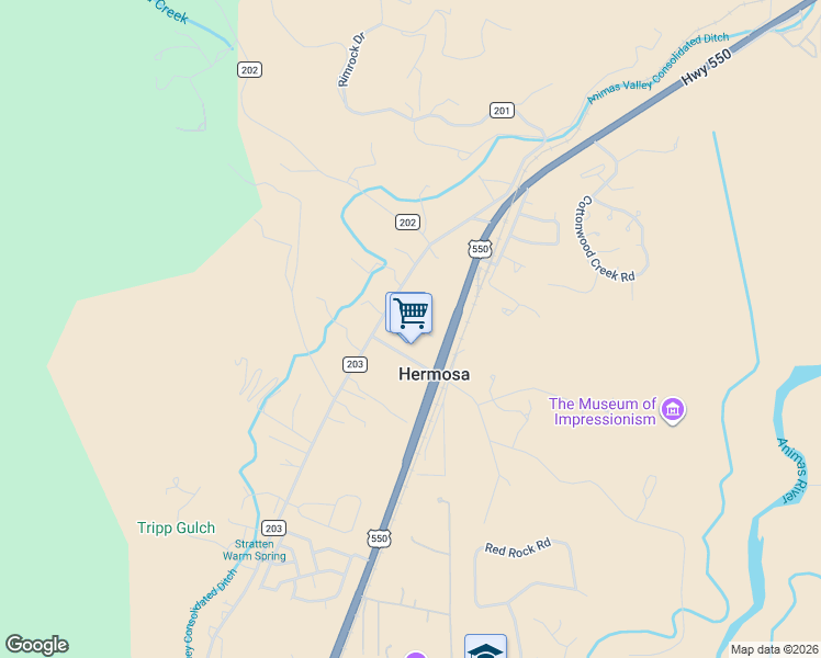 map of restaurants, bars, coffee shops, grocery stores, and more near 8124 County Road 203 in Durango
