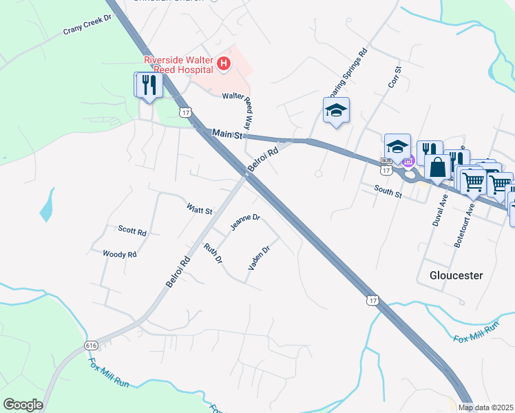 map of restaurants, bars, coffee shops, grocery stores, and more near 7291 Shackleford Avenue in Gloucester