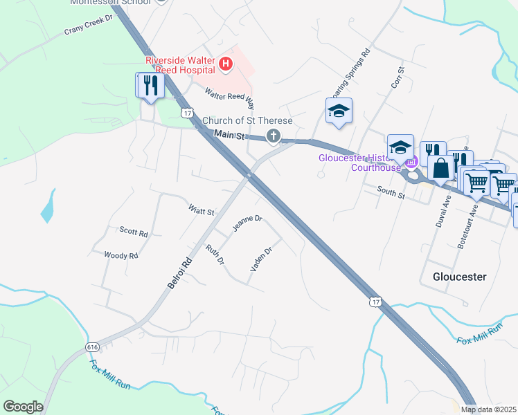map of restaurants, bars, coffee shops, grocery stores, and more near 7291 Shackleford Avenue in Gloucester