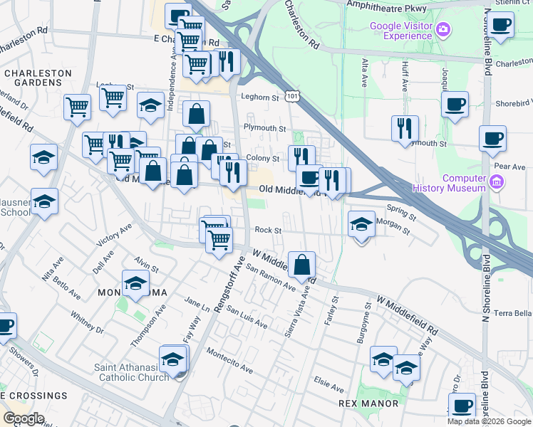 map of restaurants, bars, coffee shops, grocery stores, and more near 2000 Rock Street in Mountain View
