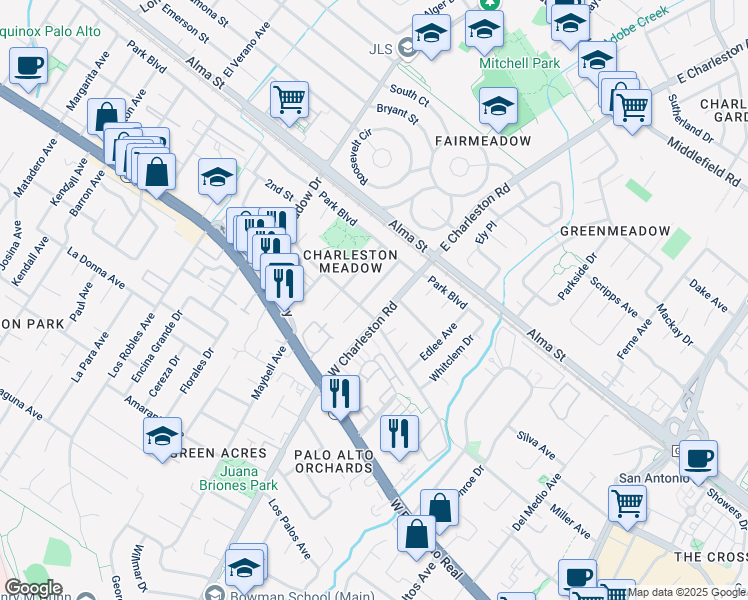 map of restaurants, bars, coffee shops, grocery stores, and more near 370 West Charleston Road in Palo Alto