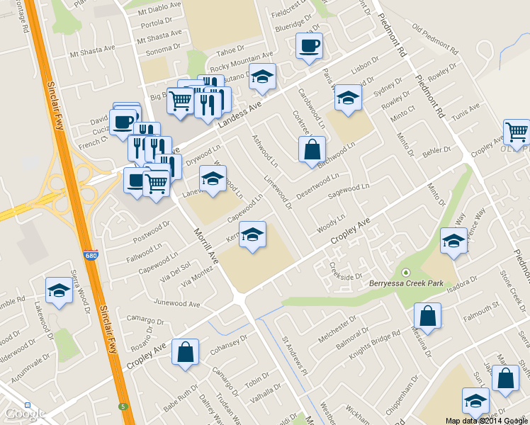 map of restaurants, bars, coffee shops, grocery stores, and more near 3139 Kermath Drive in San Jose