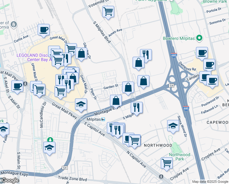 map of restaurants, bars, coffee shops, grocery stores, and more near 1463 Nightshade Road in Milpitas