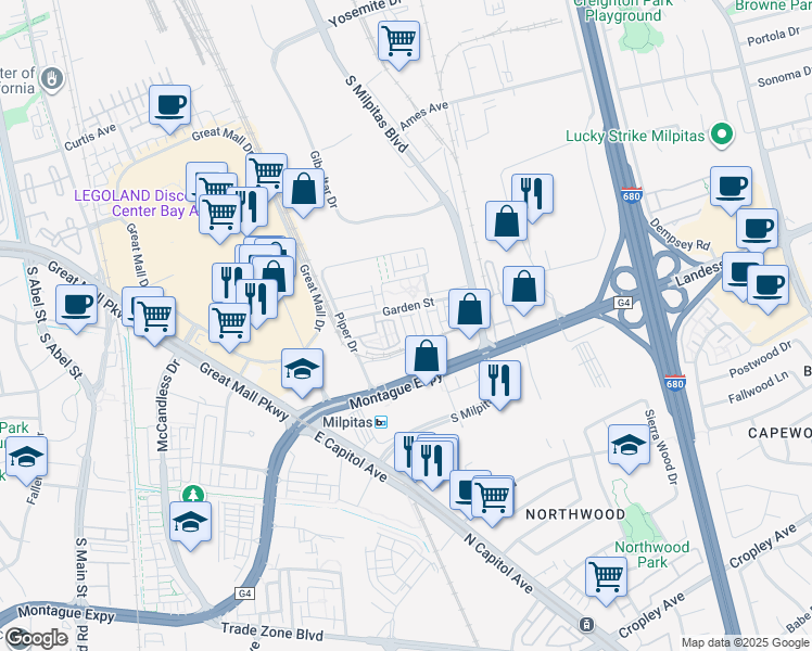map of restaurants, bars, coffee shops, grocery stores, and more near 1463 Nightshade Road in Milpitas
