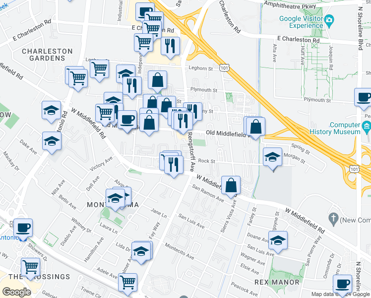 map of restaurants, bars, coffee shops, grocery stores, and more near 713 Rengstorff Avenue in Mountain View