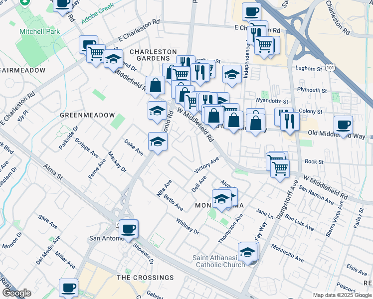 map of restaurants, bars, coffee shops, grocery stores, and more near 2527 Alvin Street in Mountain View