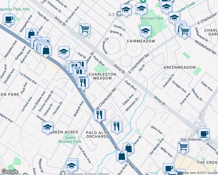 map of restaurants, bars, coffee shops, grocery stores, and more near 370 West Charleston Road in Palo Alto