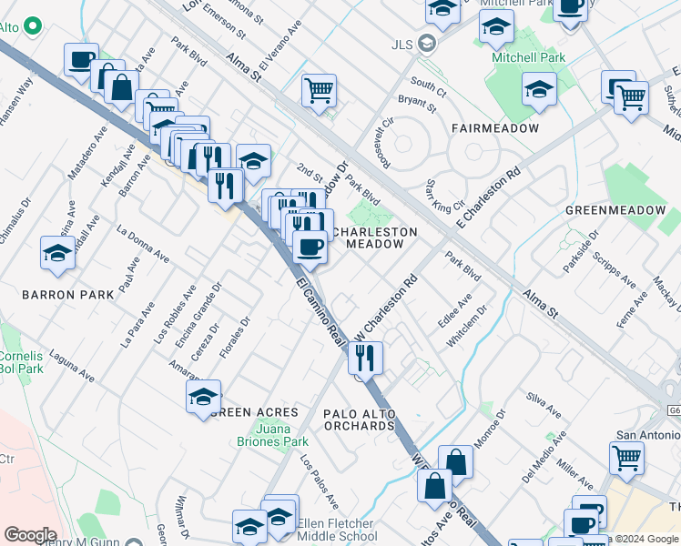 map of restaurants, bars, coffee shops, grocery stores, and more near 4151 El Camino Way in Palo Alto