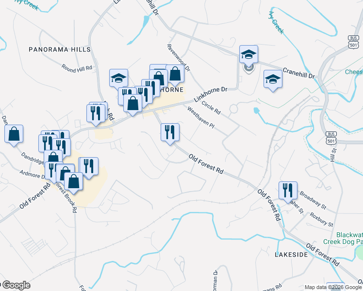 map of restaurants, bars, coffee shops, grocery stores, and more near 2613 Old Forest Road in Lynchburg