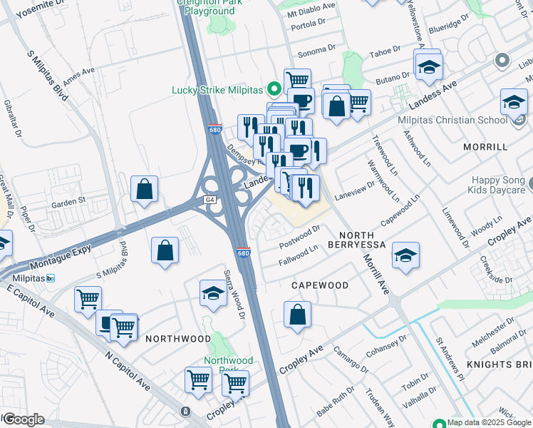 map of restaurants, bars, coffee shops, grocery stores, and more near 2296 Meadowgate Way in San Jose
