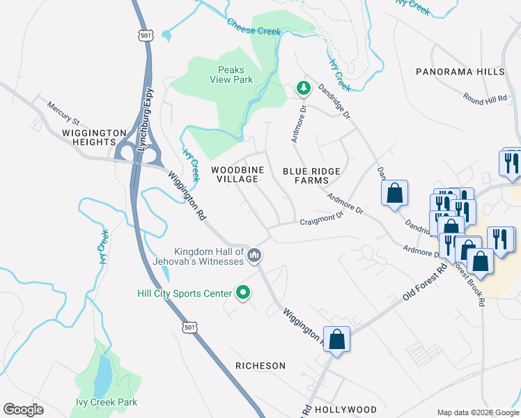 map of restaurants, bars, coffee shops, grocery stores, and more near 1404 Ashbourne Drive in Lynchburg