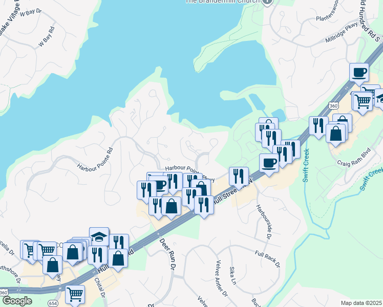 map of restaurants, bars, coffee shops, grocery stores, and more near 5825 Spinnaker Cove Road in Midlothian