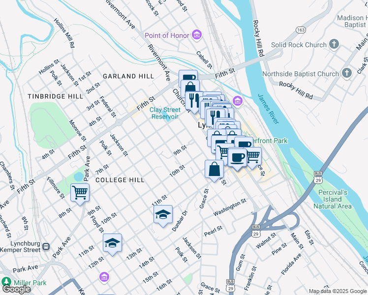 map of restaurants, bars, coffee shops, grocery stores, and more near Clay Street in Lynchburg