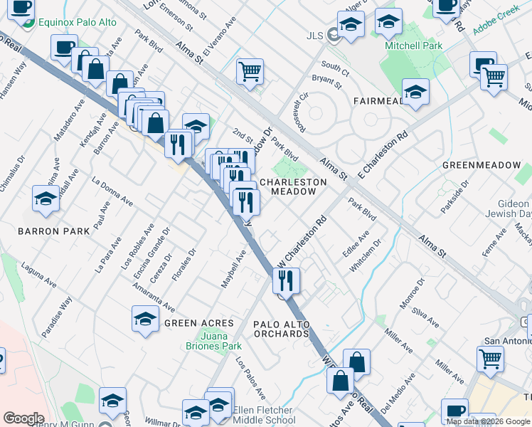 map of restaurants, bars, coffee shops, grocery stores, and more near 4151 El Camino Way in Palo Alto