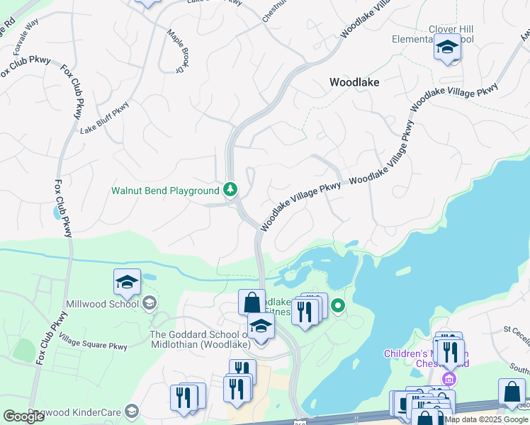 map of restaurants, bars, coffee shops, grocery stores, and more near 6205 Forest Wood Court in Midlothian