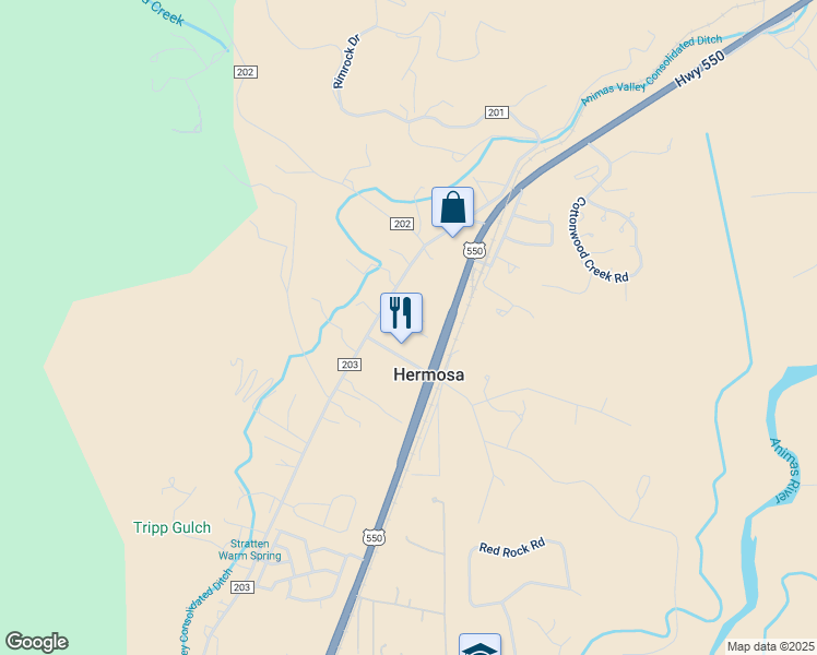 map of restaurants, bars, coffee shops, grocery stores, and more near 8124 County Road 203 in Durango
