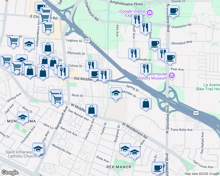 map of restaurants, bars, coffee shops, grocery stores, and more near 742 Telford Avenue in Mountain View
