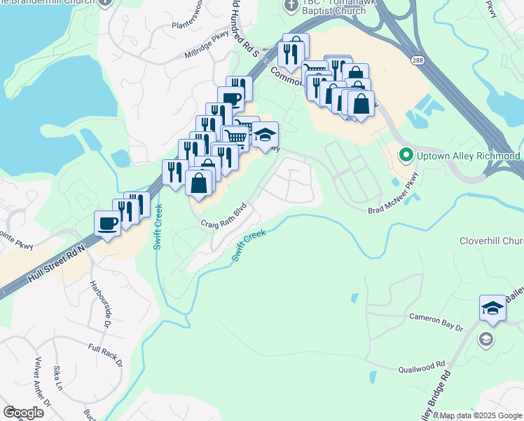 map of restaurants, bars, coffee shops, grocery stores, and more near 4829 Sapphire Drive in Midlothian