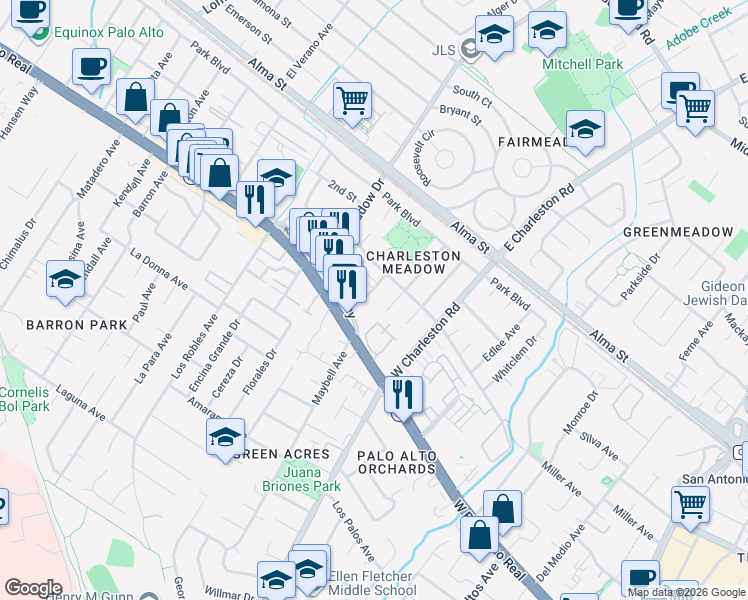 map of restaurants, bars, coffee shops, grocery stores, and more near 4151 El Camino Way in Palo Alto