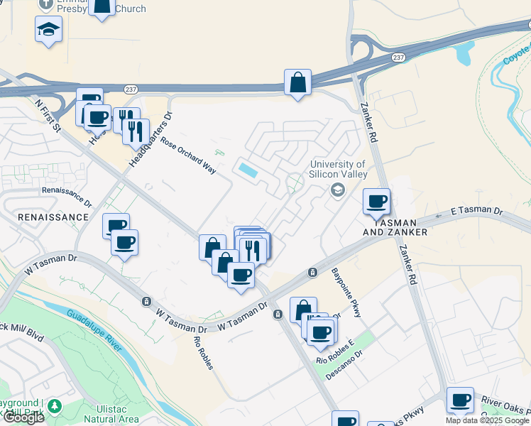 map of restaurants, bars, coffee shops, grocery stores, and more near 115 Nicholson Lane in San Jose