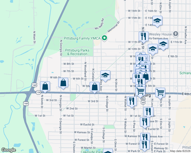 map of restaurants, bars, coffee shops, grocery stores, and more near 503 West 6th Street in Pittsburg