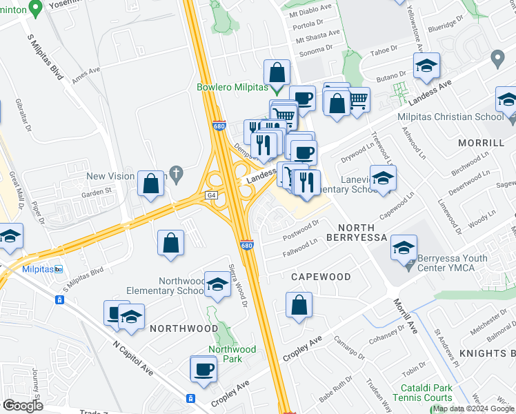 map of restaurants, bars, coffee shops, grocery stores, and more near 2226 Meadowgate Way in San Jose