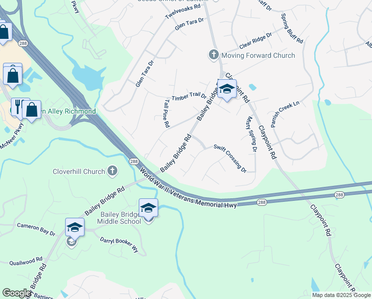 map of restaurants, bars, coffee shops, grocery stores, and more near 12214 Swift Crossing Place in Midlothian