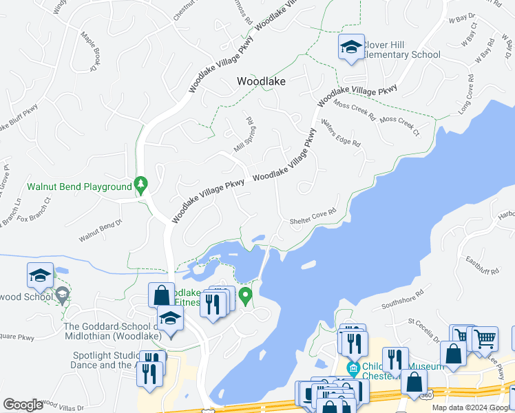 map of restaurants, bars, coffee shops, grocery stores, and more near 14604 Duck Cove Place in Midlothian