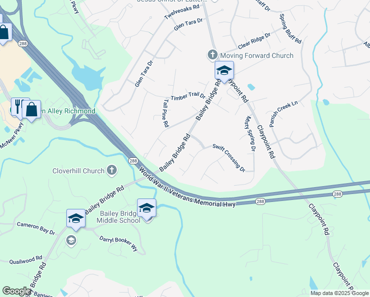 map of restaurants, bars, coffee shops, grocery stores, and more near 12214 Swift Crossing Place in Midlothian