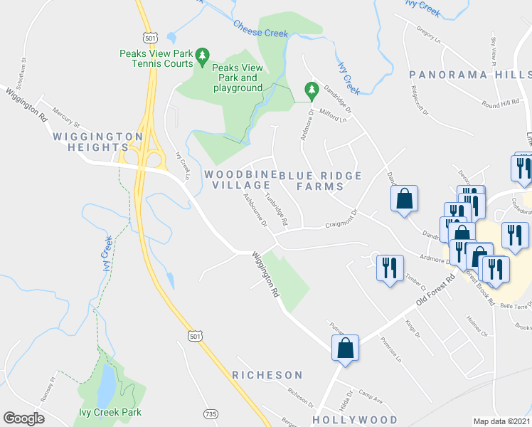 map of restaurants, bars, coffee shops, grocery stores, and more near 1412 Ashbourne Drive in Lynchburg
