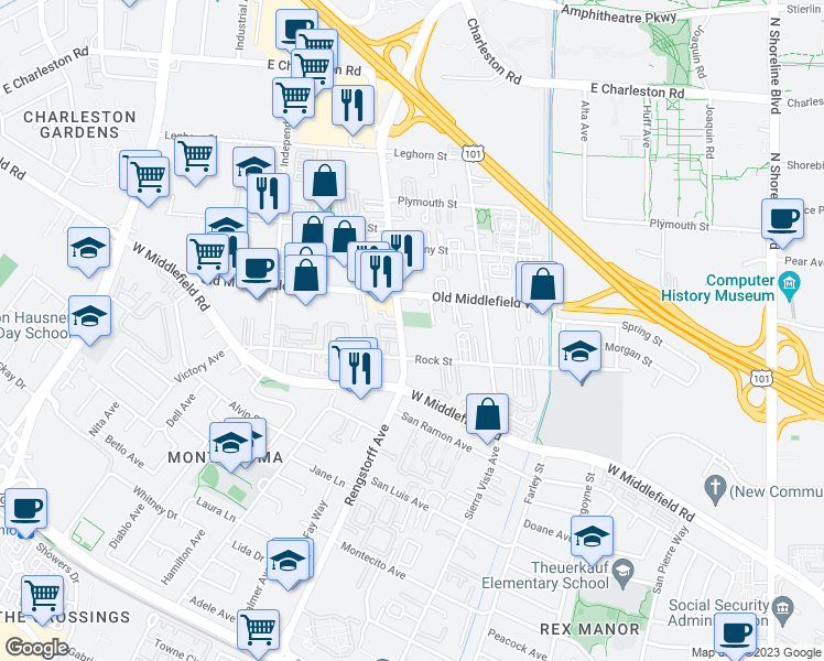 map of restaurants, bars, coffee shops, grocery stores, and more near 713 Rengstorff Avenue in Mountain View