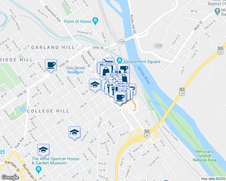 map of restaurants, bars, coffee shops, grocery stores, and more near 1020 Church Street in Lynchburg