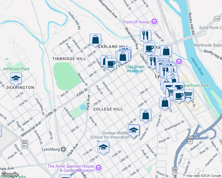 map of restaurants, bars, coffee shops, grocery stores, and more near 621 Jackson Street in Lynchburg