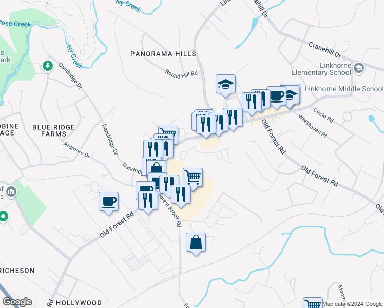 map of restaurants, bars, coffee shops, grocery stores, and more near 2911 Confederate Avenue in Lynchburg