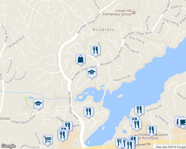 map of restaurants, bars, coffee shops, grocery stores, and more near 6110 Duck Cove Road in Midlothian