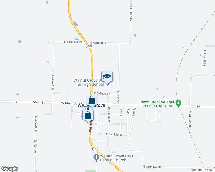 map of restaurants, bars, coffee shops, grocery stores, and more near 300 East College Street in Walnut Grove