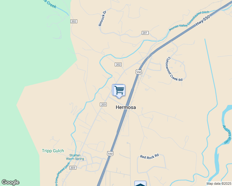 map of restaurants, bars, coffee shops, grocery stores, and more near 8124 County Road 203 in Durango