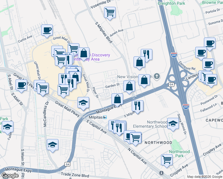 map of restaurants, bars, coffee shops, grocery stores, and more near 1463 Nightshade Road in Milpitas