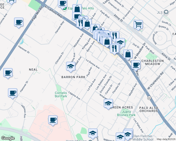 map of restaurants, bars, coffee shops, grocery stores, and more near 750 Paul Avenue in Palo Alto