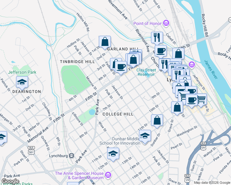 map of restaurants, bars, coffee shops, grocery stores, and more near 621 Jackson Street in Lynchburg