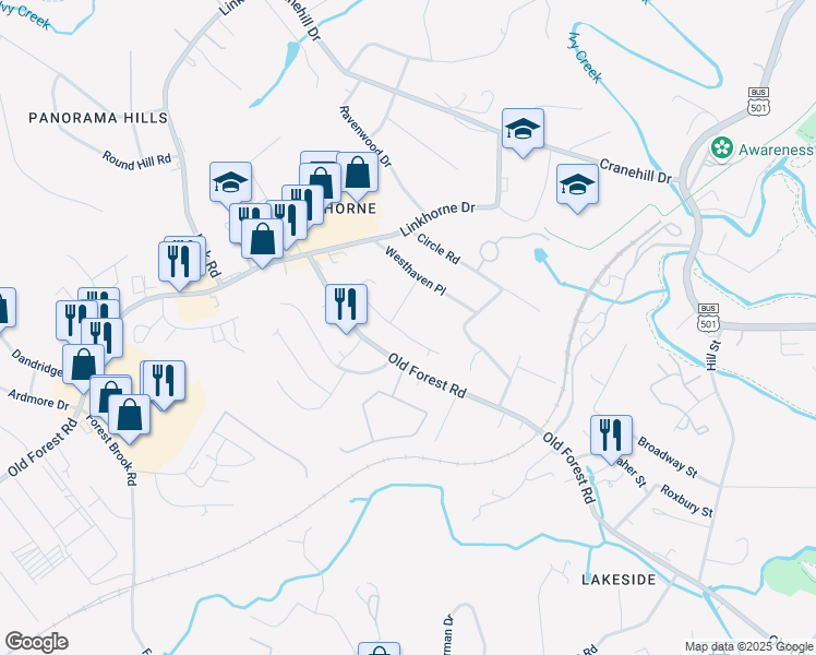 map of restaurants, bars, coffee shops, grocery stores, and more near 2600 Anthony Place in Lynchburg