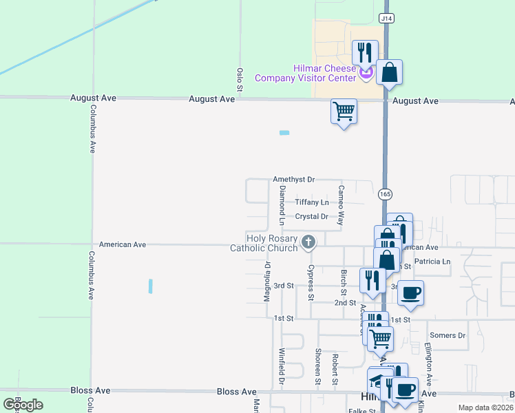 map of restaurants, bars, coffee shops, grocery stores, and more near 20443 Songbird Way in Hilmar