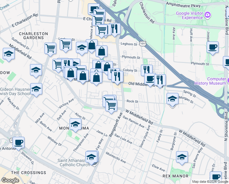 map of restaurants, bars, coffee shops, grocery stores, and more near 728 Cottage Court in Mountain View