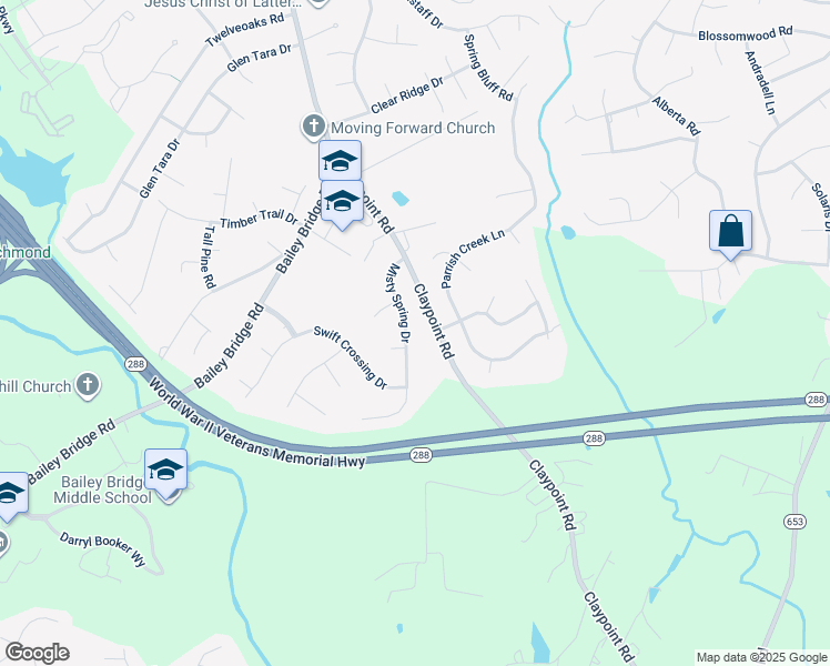 map of restaurants, bars, coffee shops, grocery stores, and more near 5019 Misty Spring Drive in Midlothian