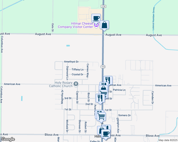 map of restaurants, bars, coffee shops, grocery stores, and more near 8628 Cameo Way in Hilmar